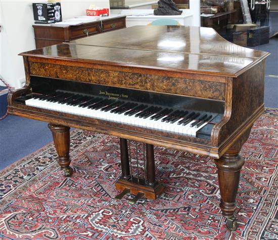 A John Broadwood & Sons burr walnut boudoir grand piano, c.1900, W.4ft 10in. L.5ft 8in.